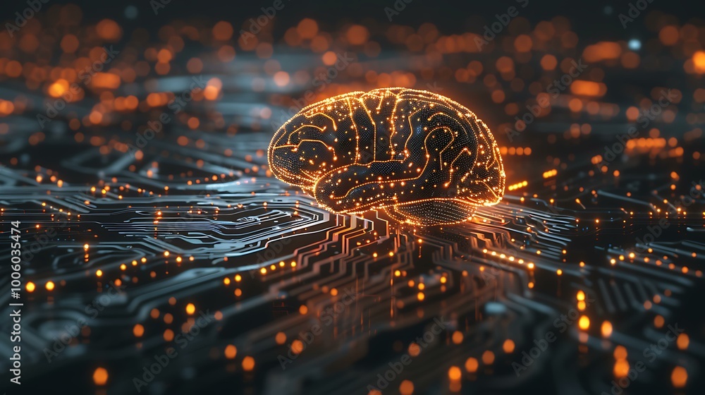 Poster a futuristic digital brain symbolizing artificial intelligence and cyber security, with glowing circ