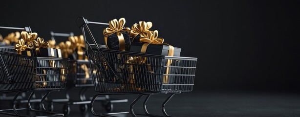 Black Friday Shopping Spree: A trio of shopping carts overflowing with luxurious black gift boxes adorned with shimmering gold bows, signifying a frenzy of holiday shopping and irresistible deals.