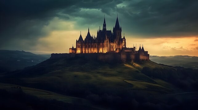Majestic Gothic castle perched atop a rolling hill with grand architecture towering over the landscape and exuding a regal imposing presence