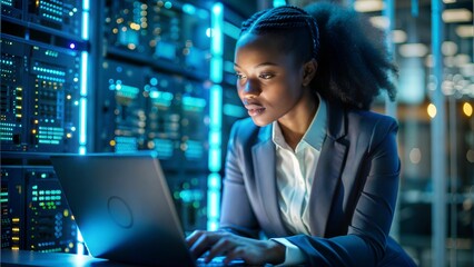 Black Female Cybersecurity Analyst Analyzing AI Cyber Threats on Computer in Dark Tech Office with Blue Lighting





