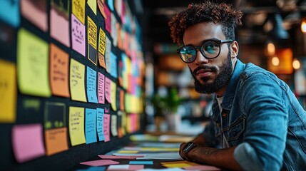 a A Kanban board with color-coded task cards for different priorities and work types.