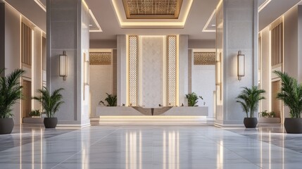 Luxurious hotel reception lobby, designed with a modern Arabic building theme