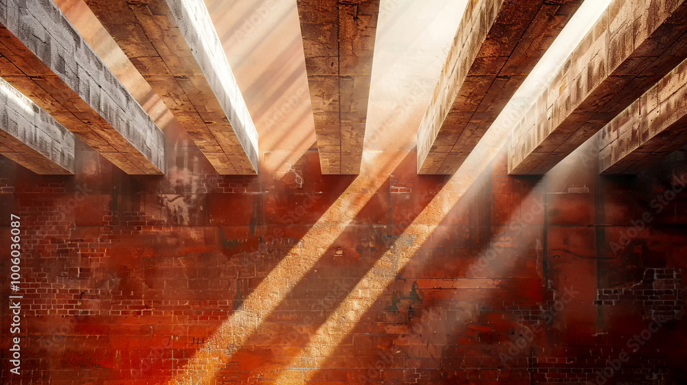 Poster golden rays of sunlight streaming through ancient stone beams in a rustic setting