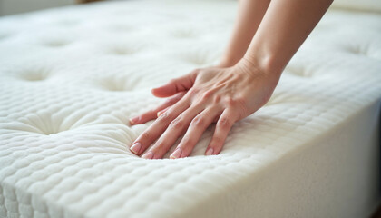 Cropped shot of young woman's hand testing white orthopedic mattress on firmness. Female pressing hypoallergenic foam mattress surface to check its softness. Close up, copy space, top view, background