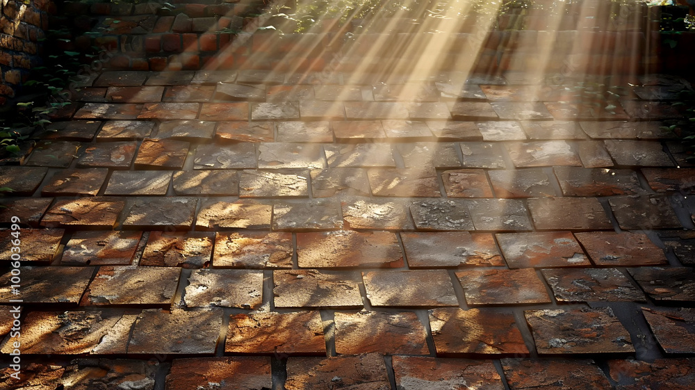Poster sunlight streaming through trees illuminates a rustic tiled pathway in a tranquil setting
