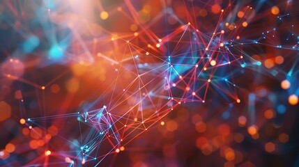 Obraz premium An abstract representation of AI-driven art creation, with vibrant geometric patterns and interconnected nodes symbolizing artificial intelligence and creativity.