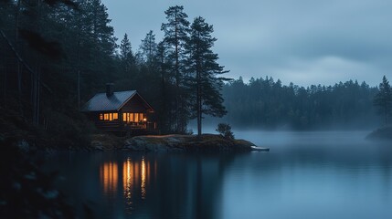 Fototapeta premium Tranquil Cabin by Misty Lake at Dusk