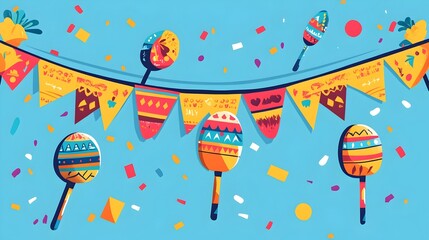 Obraz premium Vibrant and Festive Cinco de Mayo Depicted in a Flat Design Colorful Banners Maracas and Other Traditional Mexican Elements