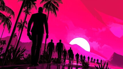 Silhouetted figures walking towards a vibrant sunset
