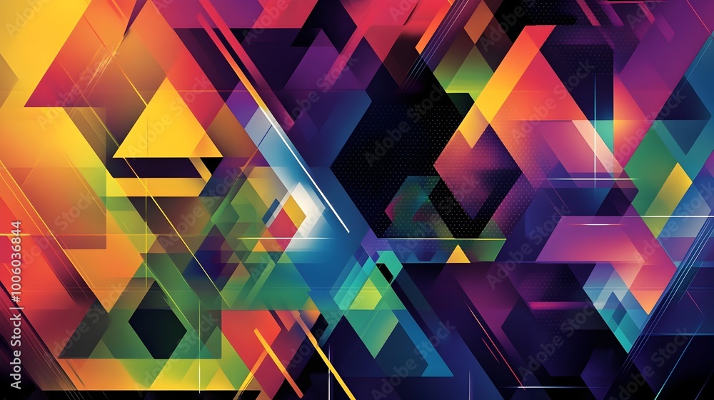 Poster vibrant abstract composition featuring an array of interlocking geometric shapes in a rainbow of bol