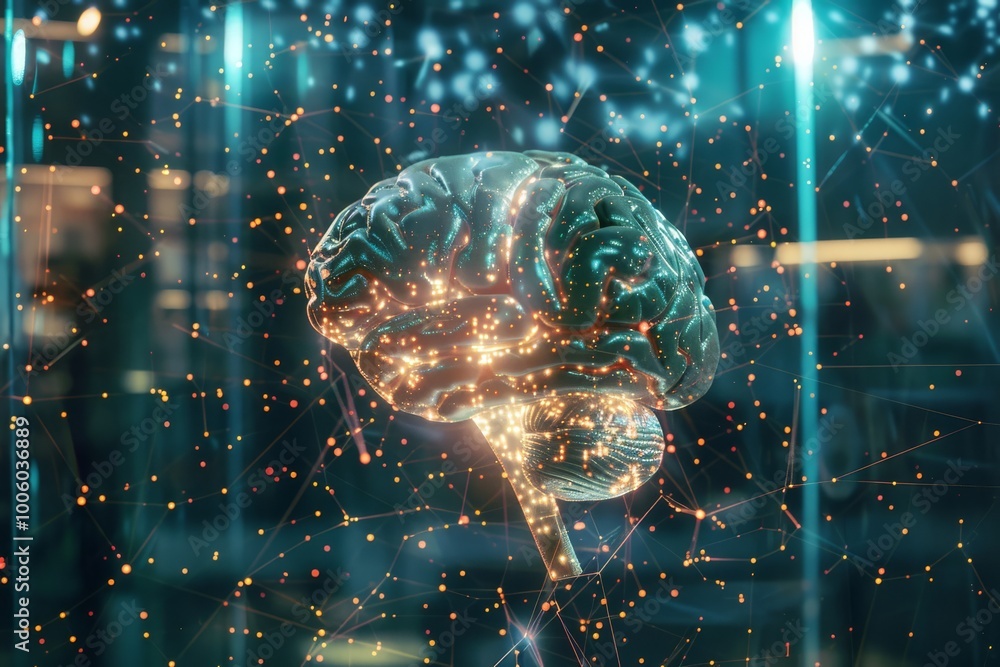 Poster a digital representation of a human brain illuminated by luminous particles and neural connections i