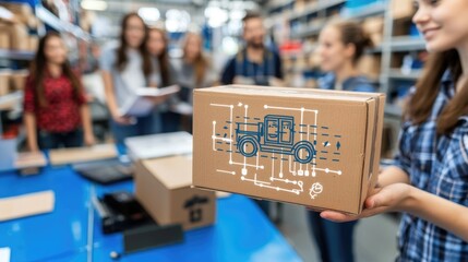 Obraz premium Team collaborating in a warehouse with a parcel delivery focus