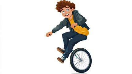 A cartoon boy in a grey jacket riding a unicycle with a smile