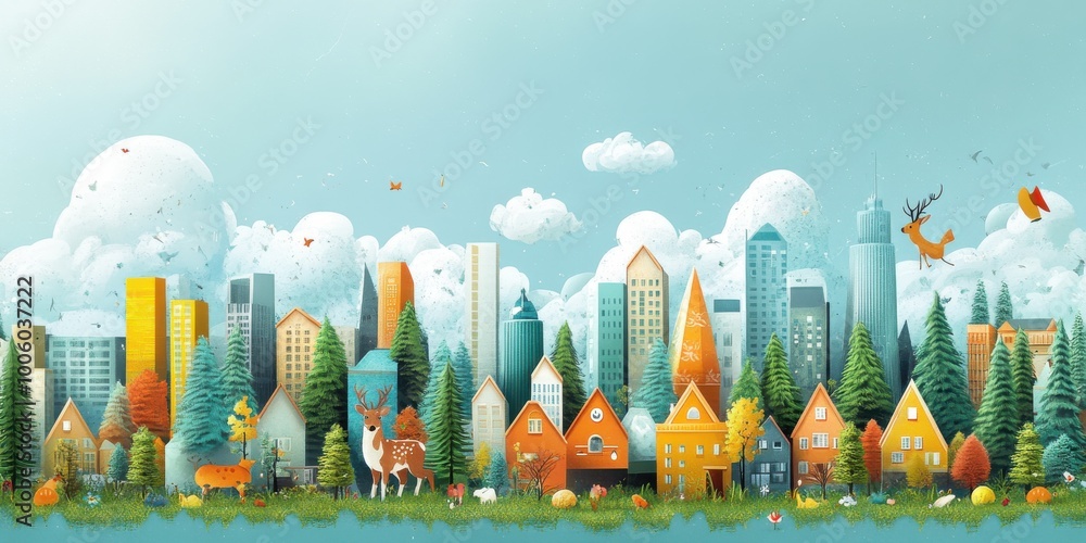 Wall mural A vibrant cityscape illustration blending urban life with nature, featuring colorful buildings and playful wildlife among lush trees.