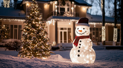 Snowman near natural Christmas tree in yard against background of private luxury country house on New Year's Eve