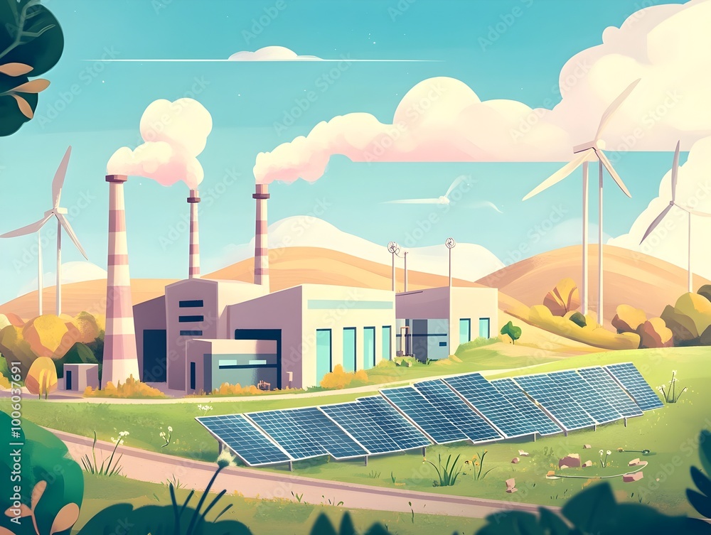 Poster compact eco friendly power station with blocky minimalist solar arrays and wind turbines set in a ch
