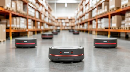 Obraz premium Autonomous robots navigating a modern warehouse