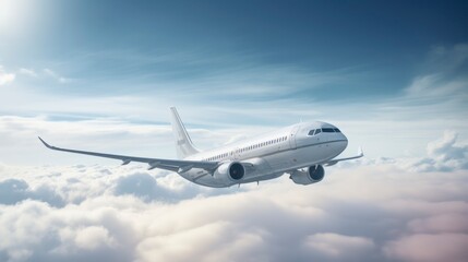 Obraz premium Commercial airplane flying above clouds in the blue sky.