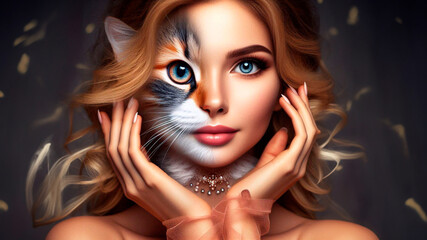 Naklejka premium A charming woman mixes reality and surrealism, showing a woman's face blending with a cat's, their eyes locked in harmonious symmetry