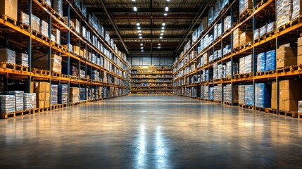 Fototapeta premium Spacious warehouse with organized shelving and inventory stacks