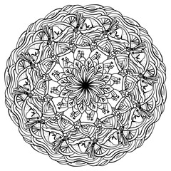 Outline Halloween Mandala, coloring page with broom, witch hat and potions for activity and design