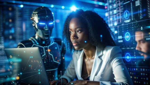 AI Cybersecurity Concept: Black Female IT Specialist Analyzing AI Cyber Threats to Consumer Data and Privacy







