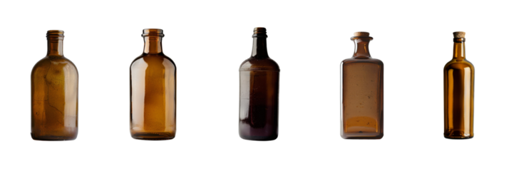 Set of five vintage brown glass bottles isolated on white background