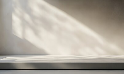  3D table and wall in an empty studio room. Podium against a white wall. Tabletop surface for product presentation. Platform with concrete texture for beauty advertising. 