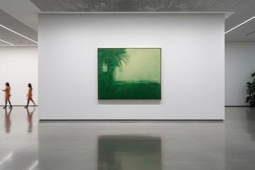Minimalist gallery with a large green abstract painting, two people walking past in the background