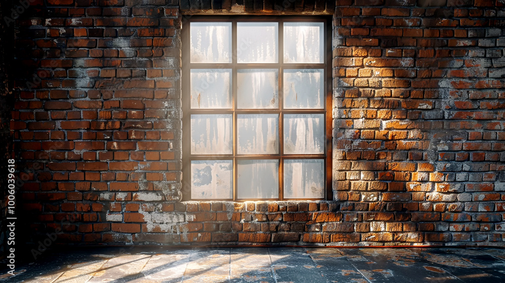 Poster sunlight streams through a dusty window in a rustic brick-walled room at dawn