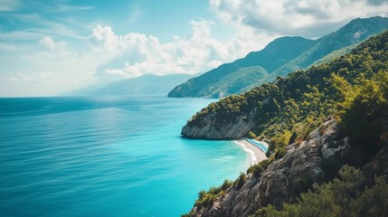 A beautiful turquoise sea and beach with lush green mountains in the background, a cinematic photo with a Mediterranean vibe on a sunny day. The bright blue sky is dotted with white clouds