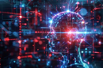 Exploring the fusion of technology and consciousness in a digital landscape with vibrant light patterns and circuitry. Generative AI