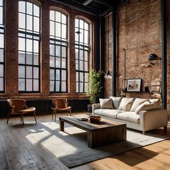 A spacious loft apartment with exposed brick walls, high ceilings, and large industrial-style windows.