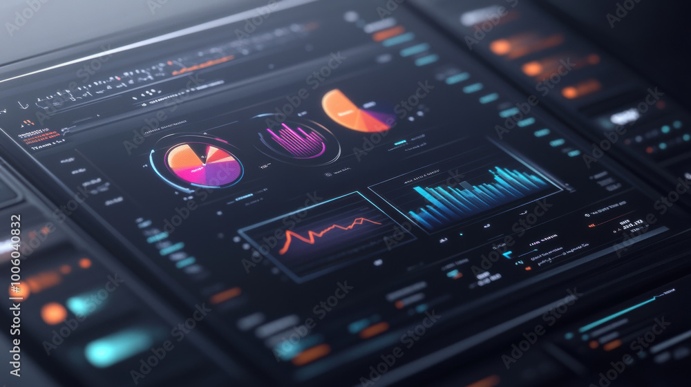 Poster complex digital dashboard featuring floating pie charts and various data visualizations. interface d