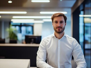 Obraz premium Portrait of a Confident Bank Employee in a Modern Office Setting, Exuding Professionalism and Trust