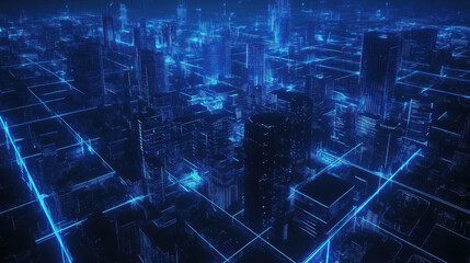 Fototapeta premium futuristic cityscape featuring grid of interconnected blue lines, showcasing vibrant urban environment illuminated by neon lights. scene evokes sense of advanced technology and innovation