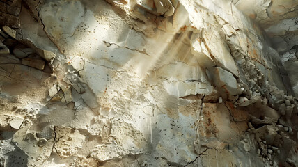 Sunlight streaming through cracks in a rugged stone wall in a secluded quarry