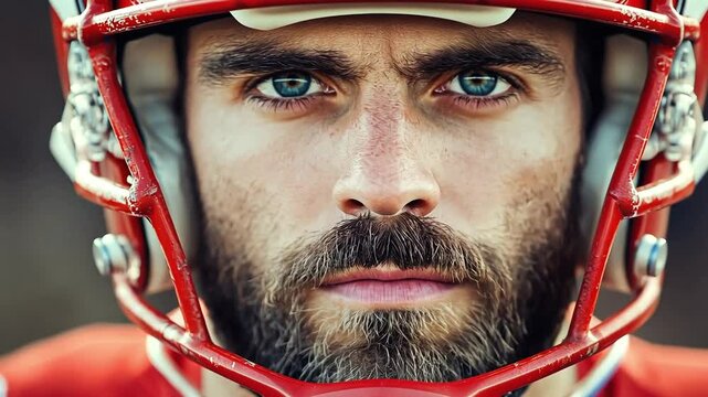 Close-up portrait of a determined American football player wearing a red helmet, looking intently into the camera. The image captures his focused eyes, stubble, and the intensity of the game.