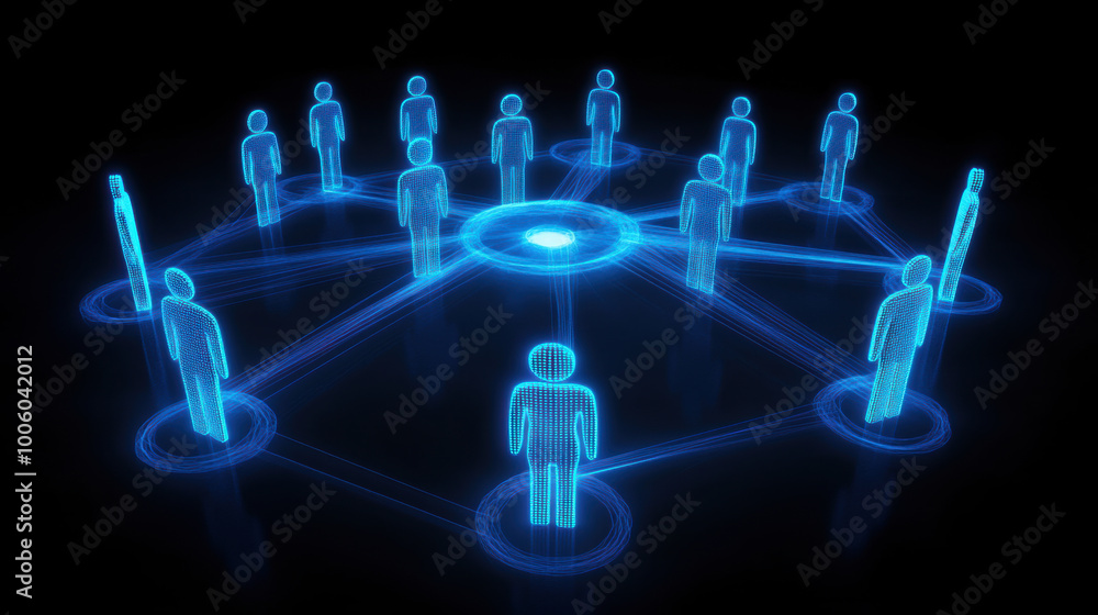 Poster glowing web of interconnected figures symbolizes collaboration and communication in digital network.