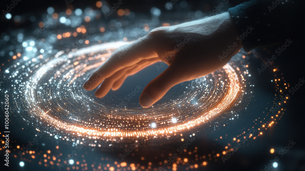 Poster hand reaching out to glowing ring of floating data points creates mesmerizing visual effect, symboli