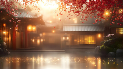 Obraz premium Tranquil Pond with Cherry Blossoms and Golden Reflections