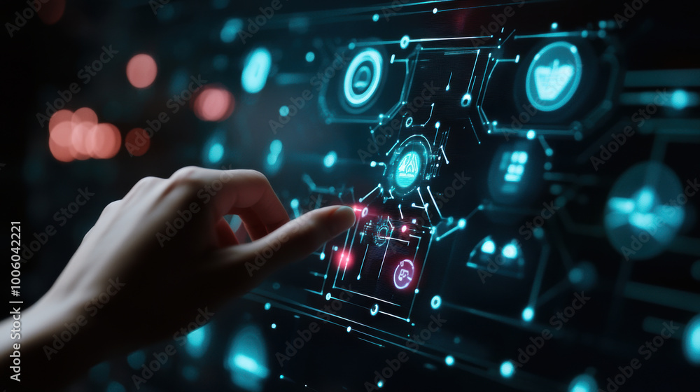 Poster hand activating virtual control panel for ai technology, showcasing advanced digital interfaces and 