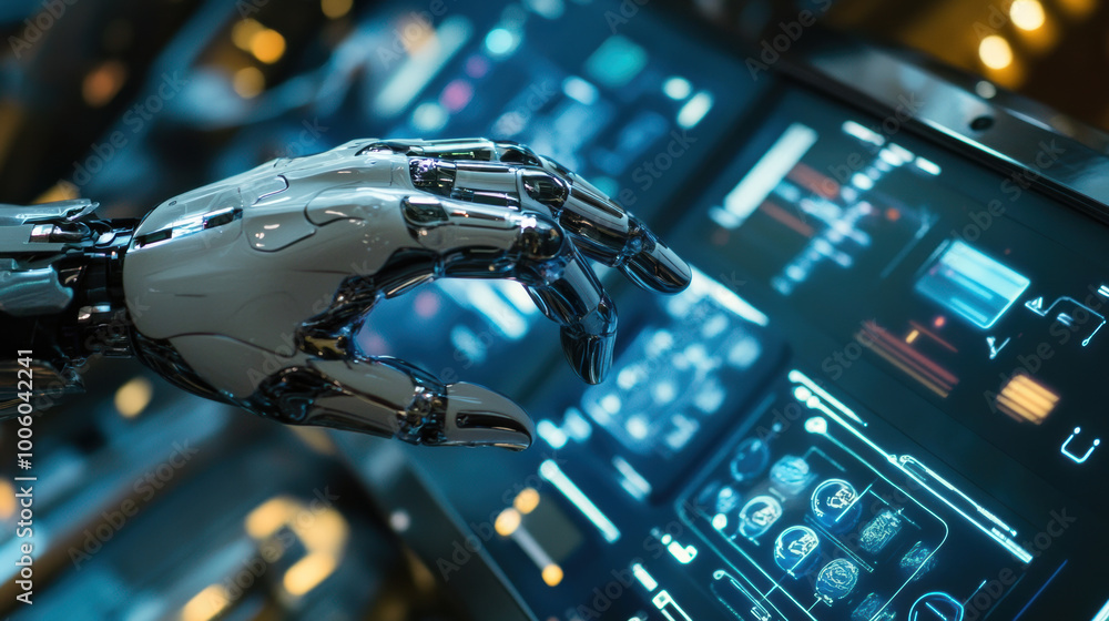 Poster robotic hand interacting with futuristic virtual control panel, showcasing advanced technology and a