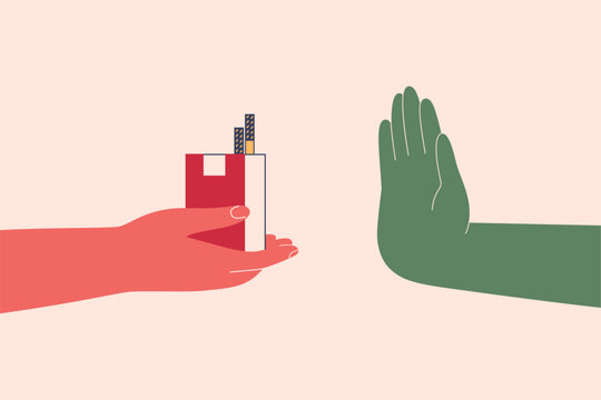 Human hand reject from the pack of cigarettes. Stop smoking tobacco and overcome nicotine addiction concept. Healthy choice and Refuse from nicotine for lung wellness. Flat vector illustration