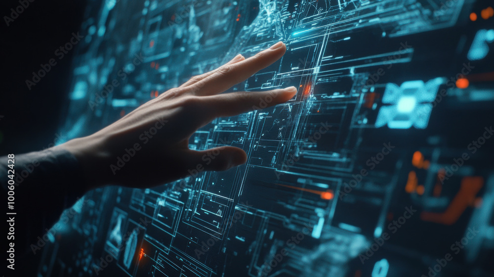 Poster hand adjusting virtual timeline of events, showcasing advanced technology and digital interaction. i