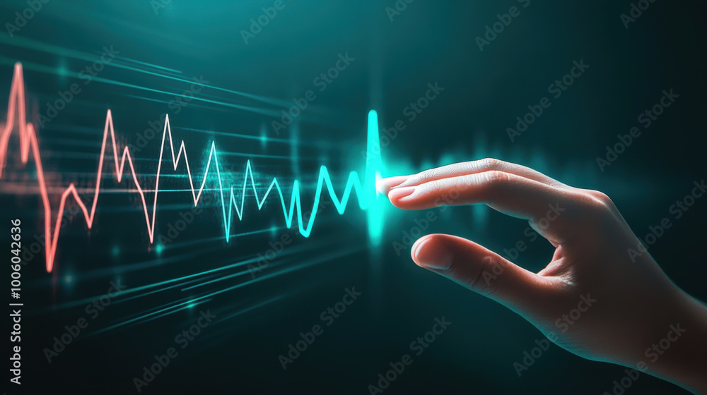 Poster hand interacting with digital representation of sound waves, showcasing technology and innovation. v