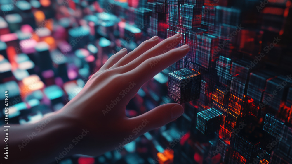 Poster hand reaching out to touch virtual 3d blocks, symbolizing modular design and digital interaction. vi