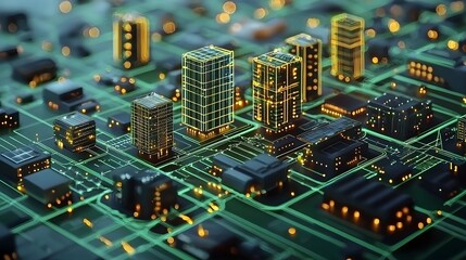 Futuristic Cityscape Circuit Board