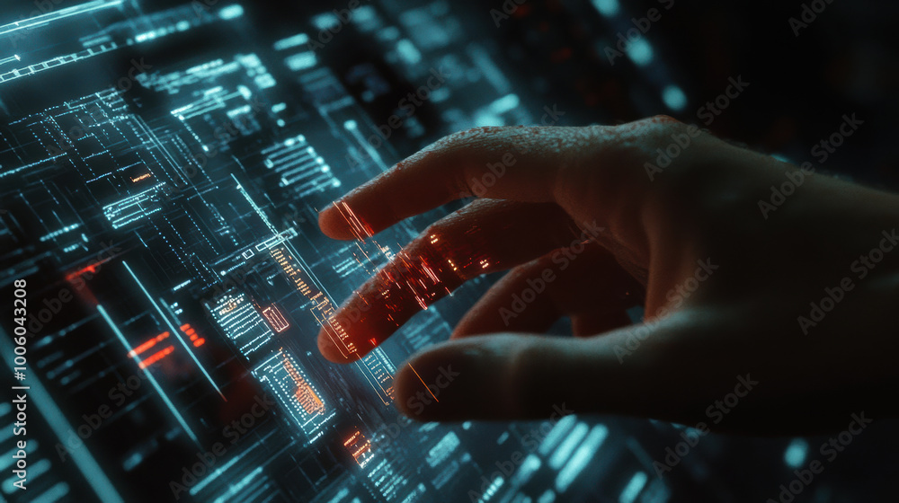 Poster hand scrolling through virtual timeline of digital data, showcasing advanced technology and interact