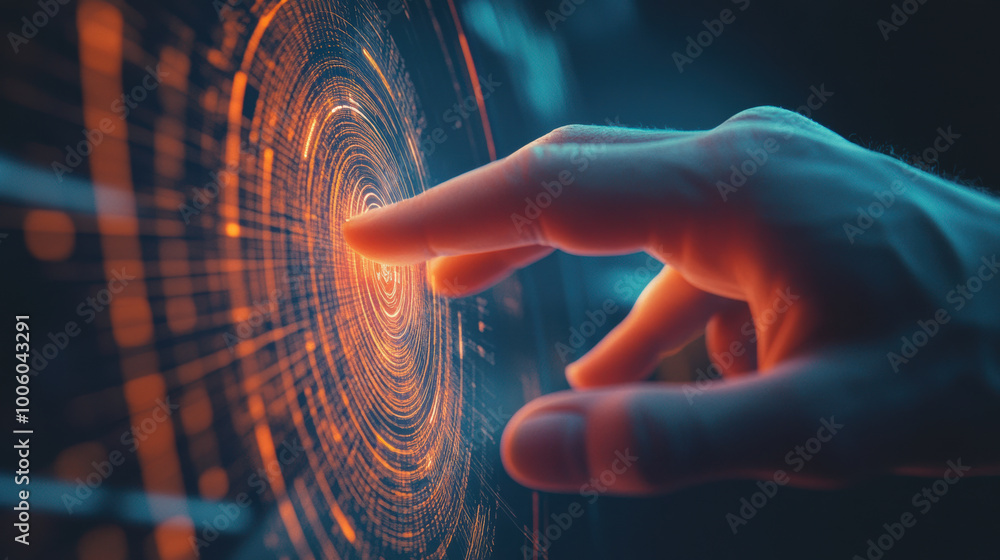 Poster hand interacting with virtual 3d interface, showcasing dynamic and futuristic design. glowing patter